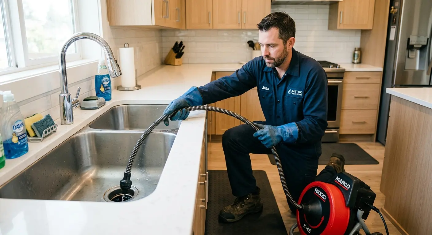 Drain cleaning technician using a motorized snake on a kitchen sink in Corpus Christi