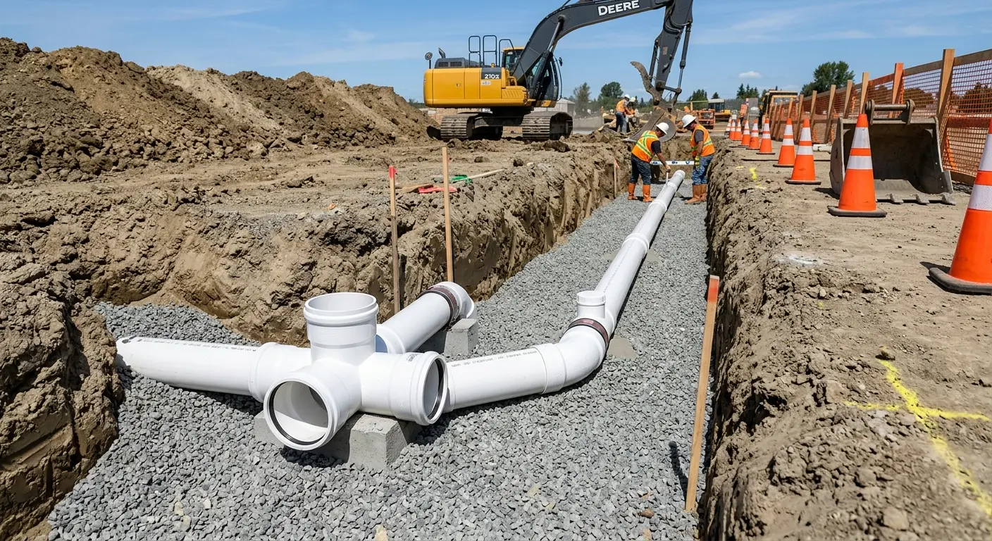 New PVC sewer pipe installation in open trench for Commercial Drain Cleaning in Corpus Christi