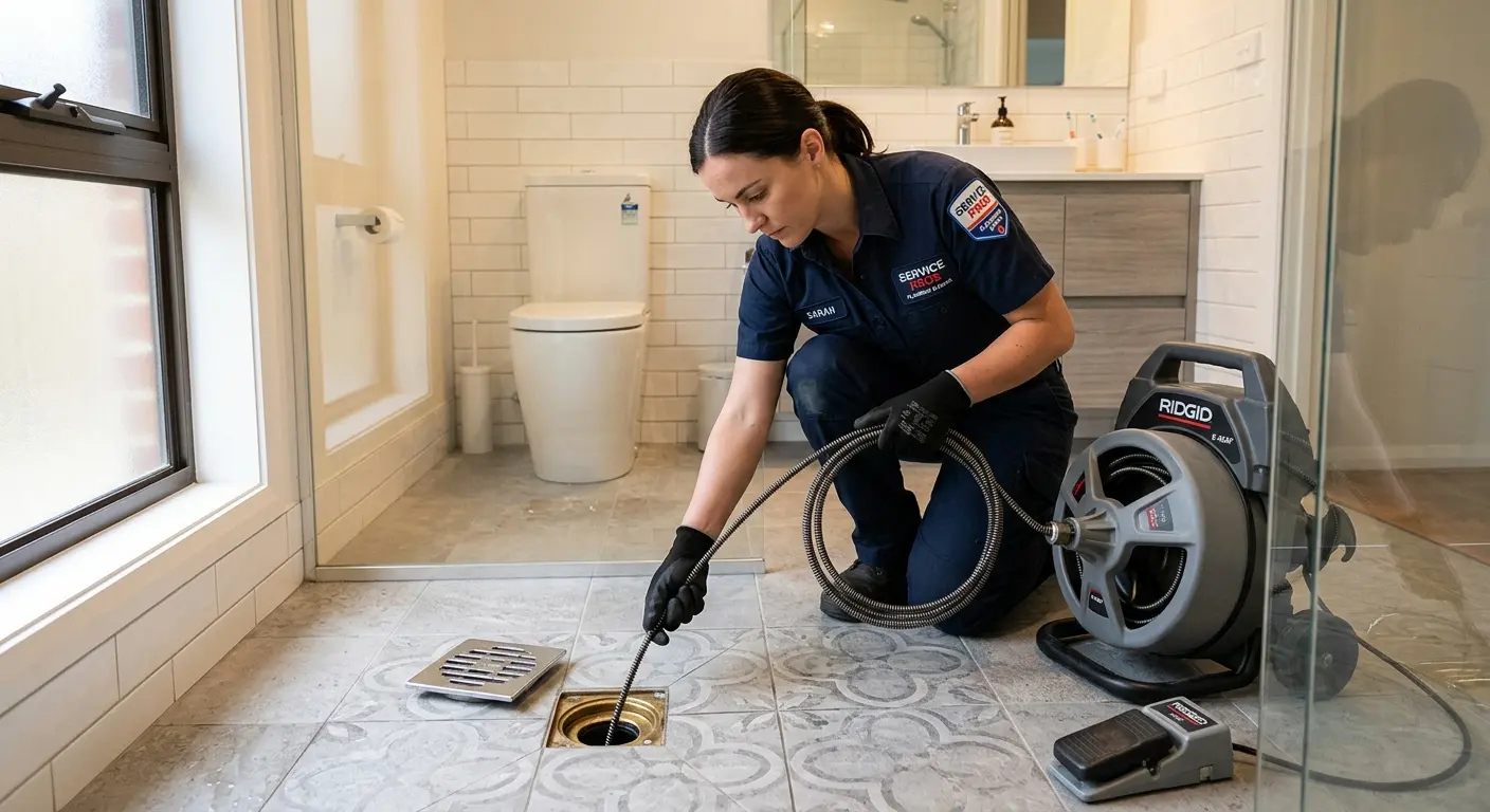 Technician clearing a bathroom floor drain for Sewer Line Replacement in Corpus Christi